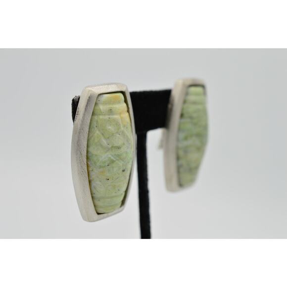 Vintage Earrings Brushed Silver Faux Green Stone Cabochon Statement 1980s 9G - Picture 5 of 12